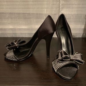 Black satin rhinestone bow peep toe heels
